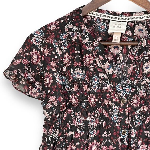 Knox Rose Sheer Blouse Women Size XS‎ Multicolor Floral Smocked Button Front - Picture 2 of 14